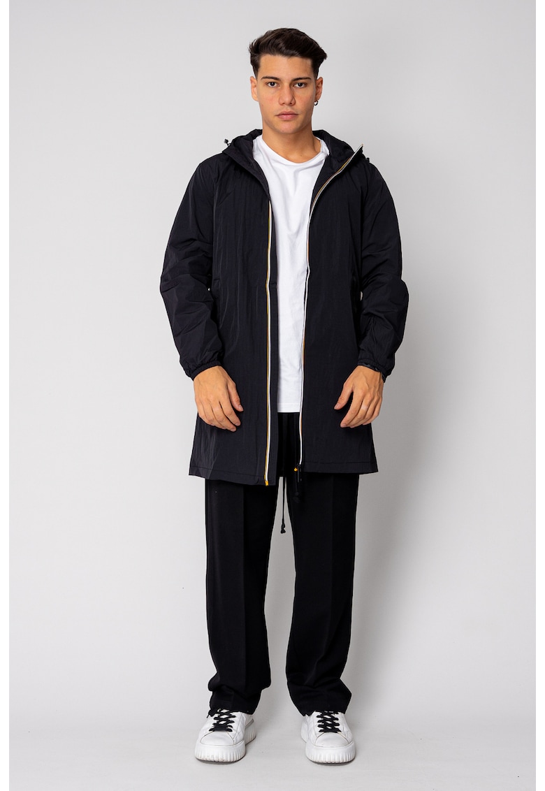 Jacheta lunga de fas cu fermoar si gluga Black 18941 Jacheta lunga de fas cu fermoar si gluga Black 18941