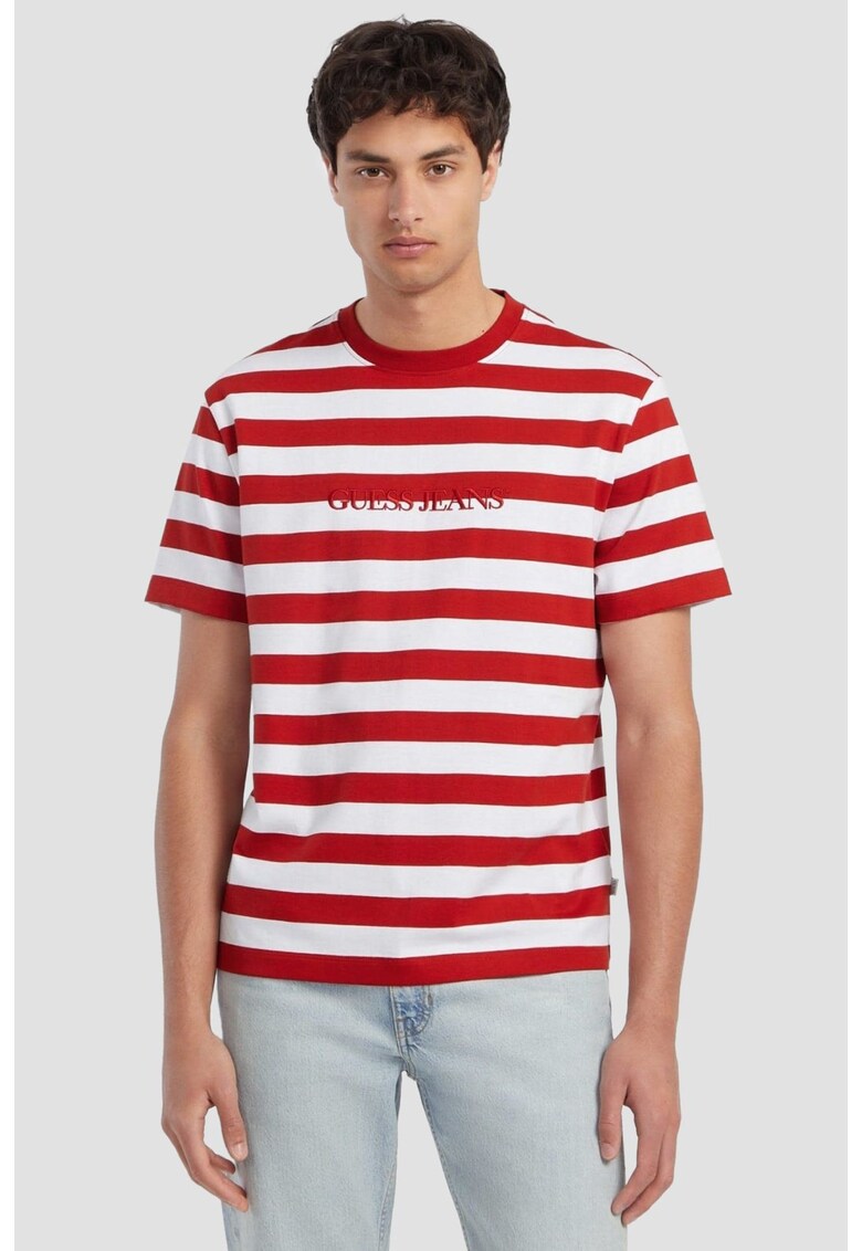 Tricou cu imprimeu in dungi si logo brodat