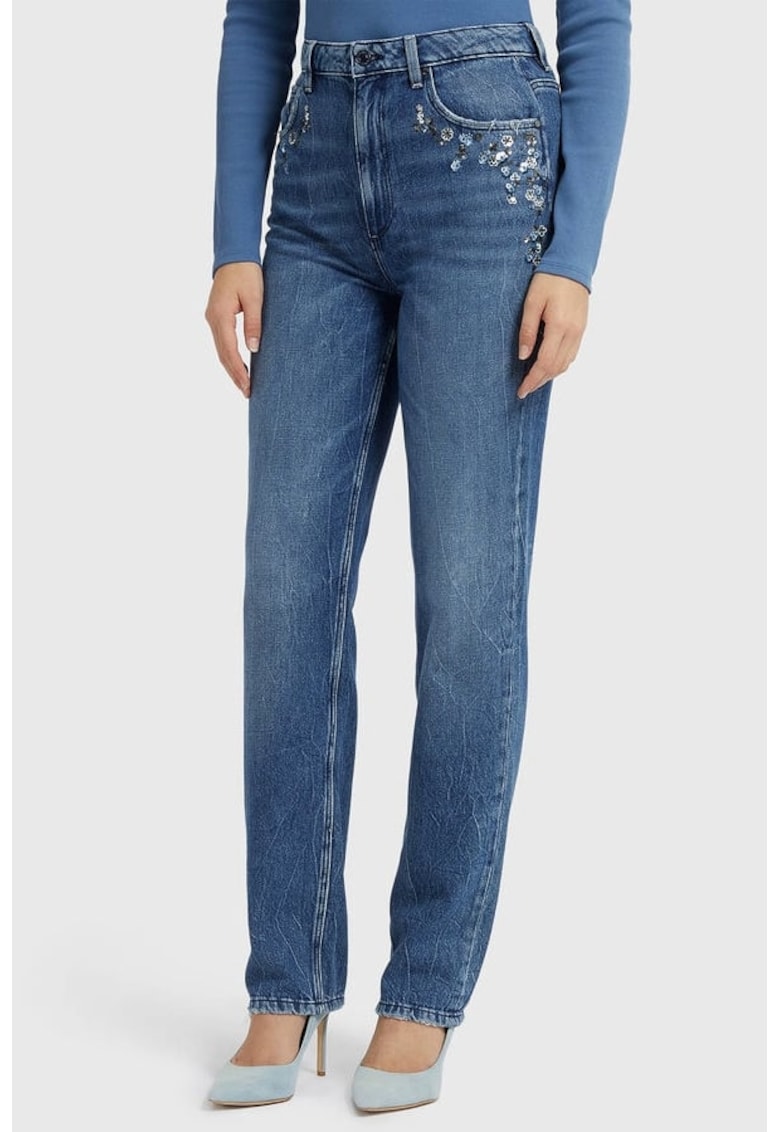 Blugi cu talie inalta si aplicatii cu paiete - Albastru