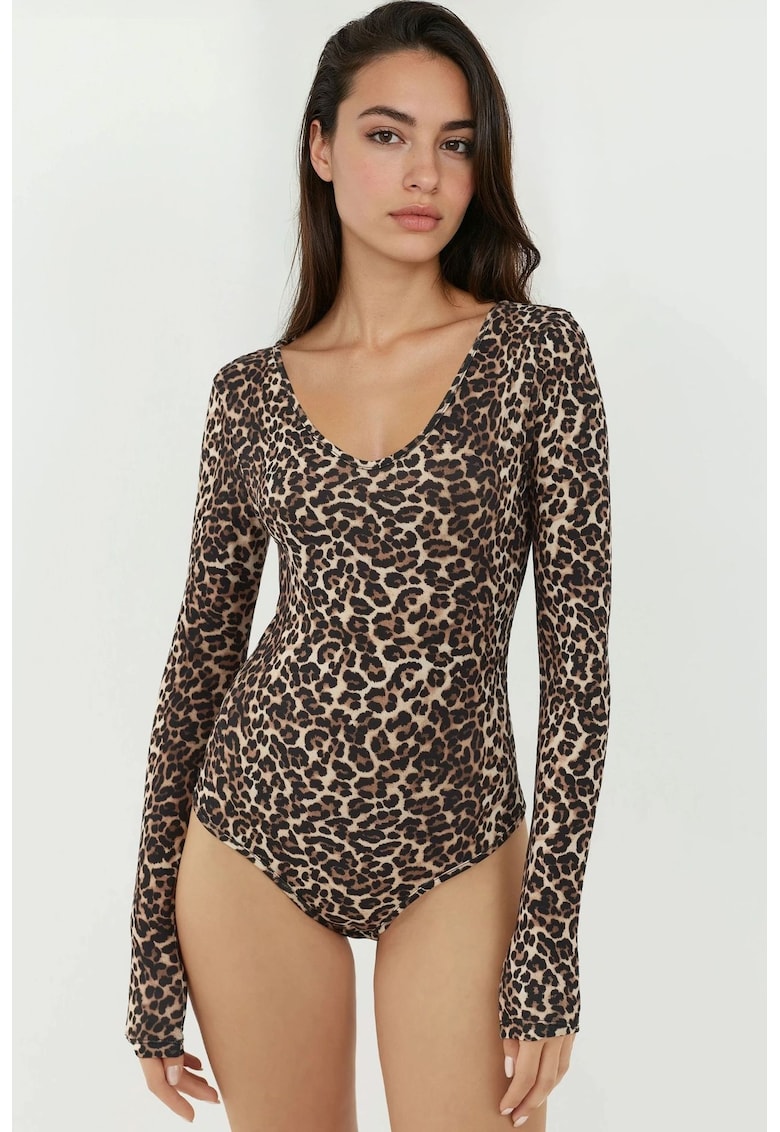 Body mulat - jerseu - decolteu in V - imprimeu leopard - maro/negru