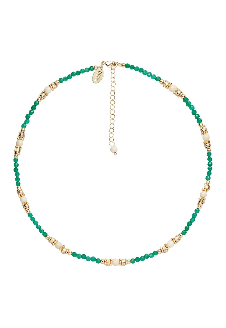 Colier cu agate si pietre fosila - Auriu/Verde aquamarin