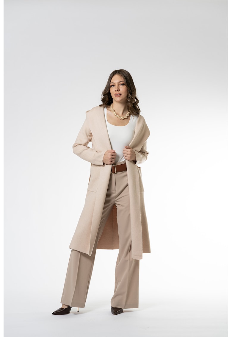 Cardigan lung cu gluga si cordon in talie