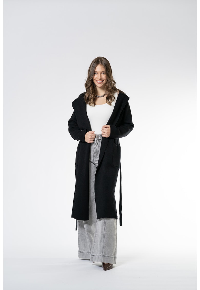 Cardigan lung cu gluga si cordon in talie