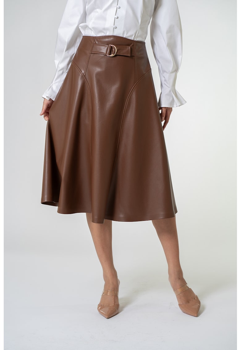 Fusta midi plisata din piele ecologica Liddy - Maro