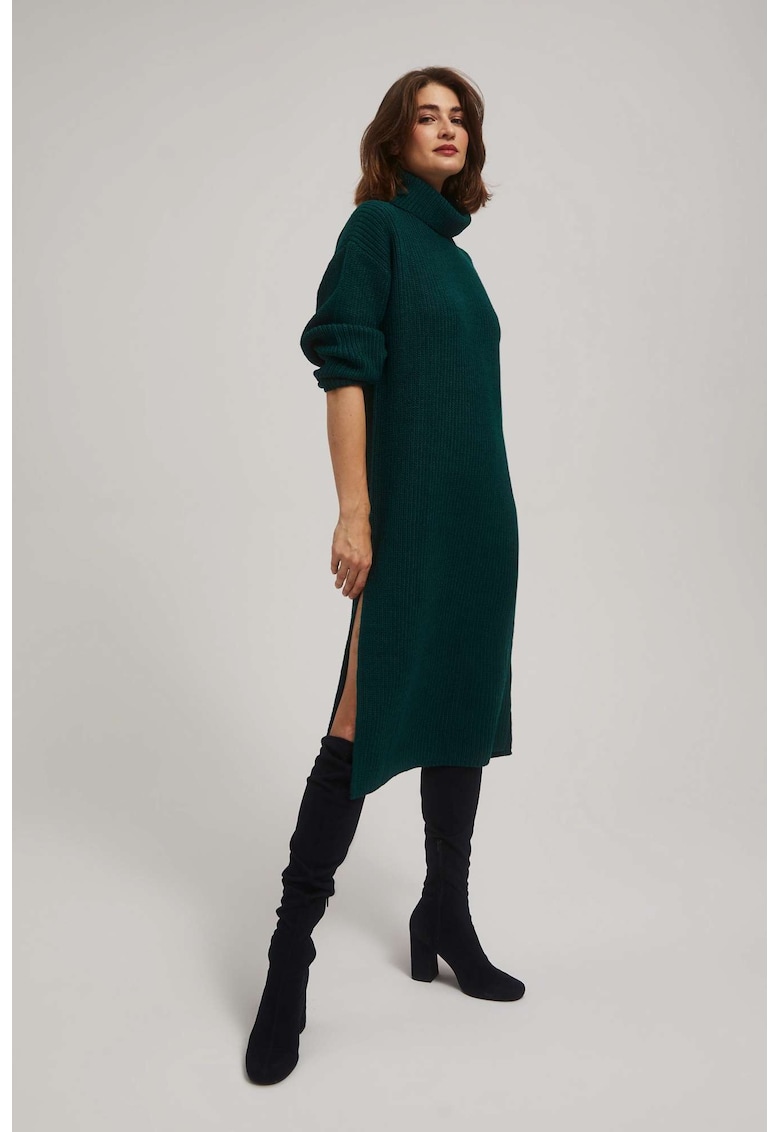 Rochie tricotata cu guler - smarald - Verde inchis