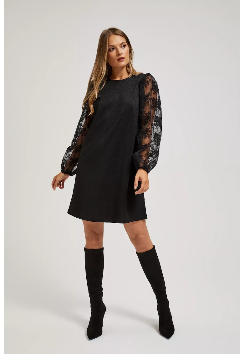 Rochie cu Maneci Din Dantela - Negru