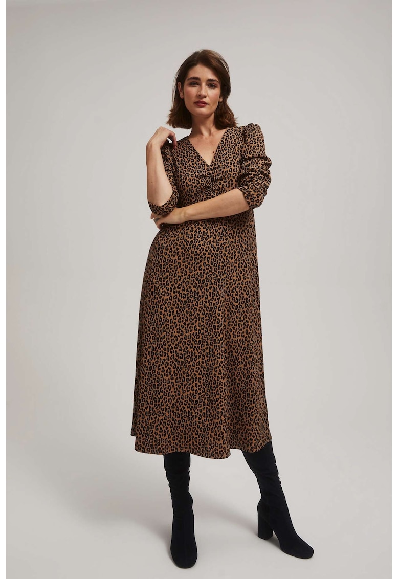 Rochie midi cu imprimeu leopard maro - Maro