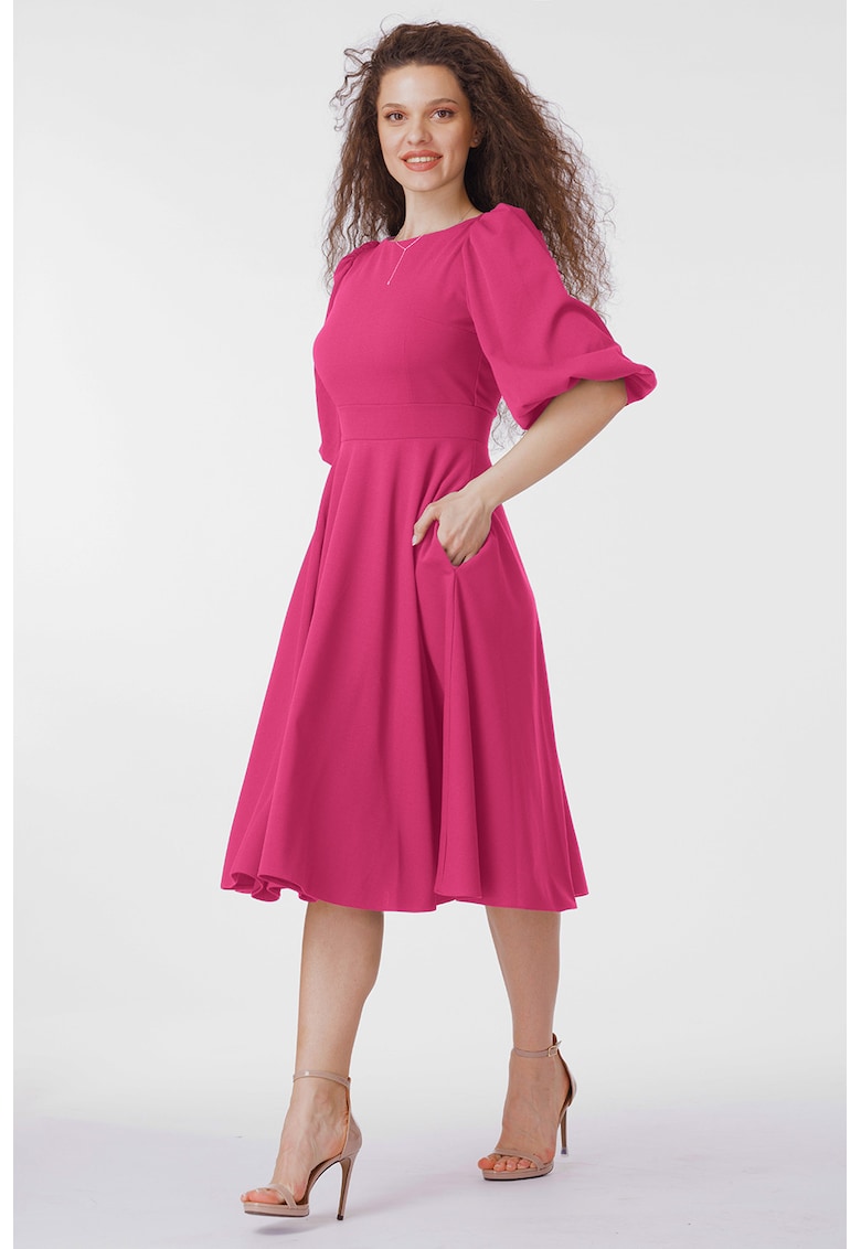 Rochie midi cu maneci bufante - Fucsia