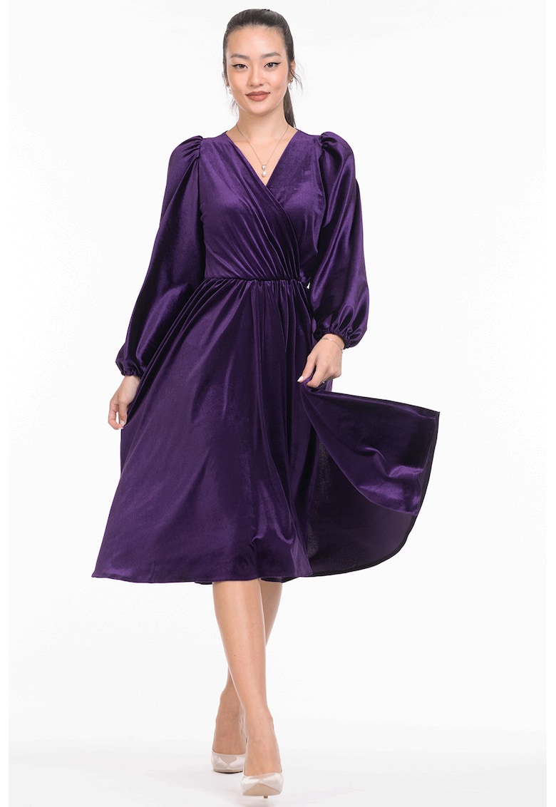 Rochie midi evazata cu aspect de catifea - Mov inchis