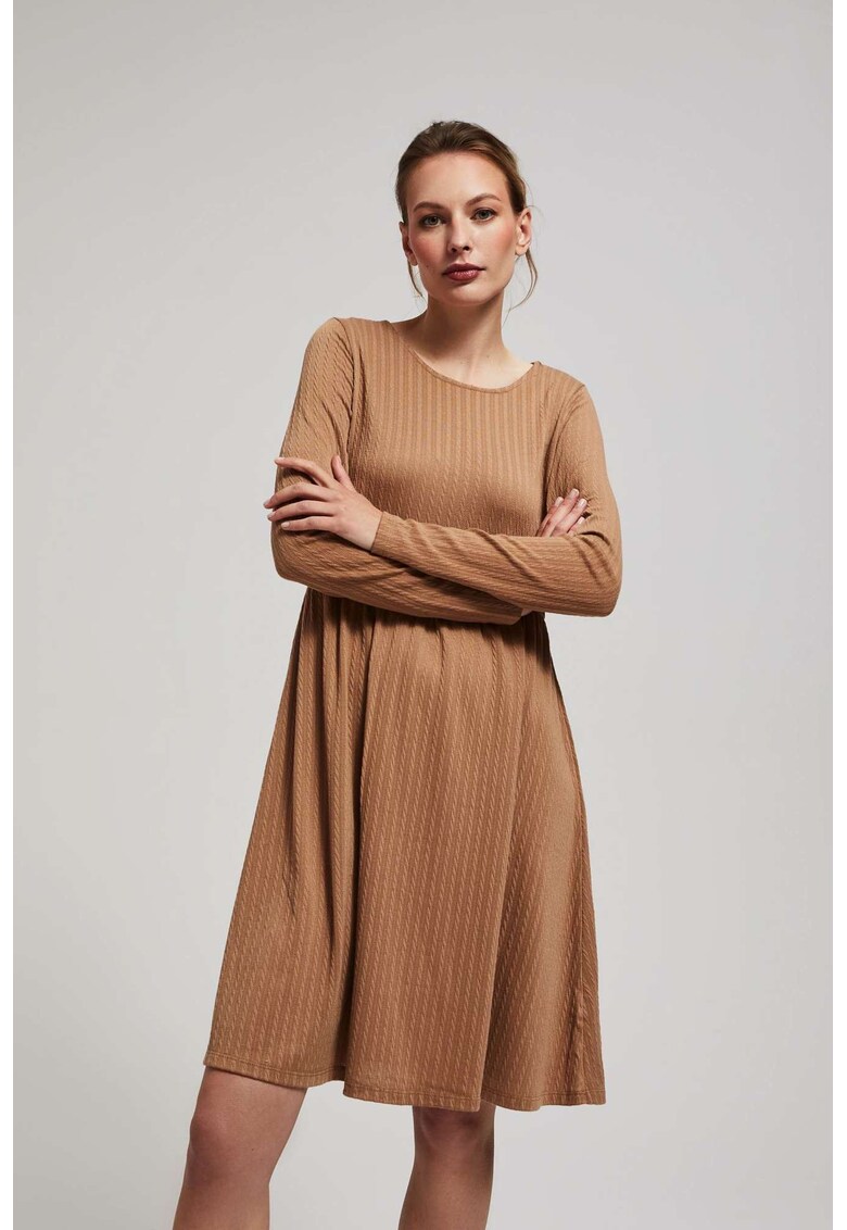 Rochie cu maneci lungi si fusta evazata in bej inchis - Gri