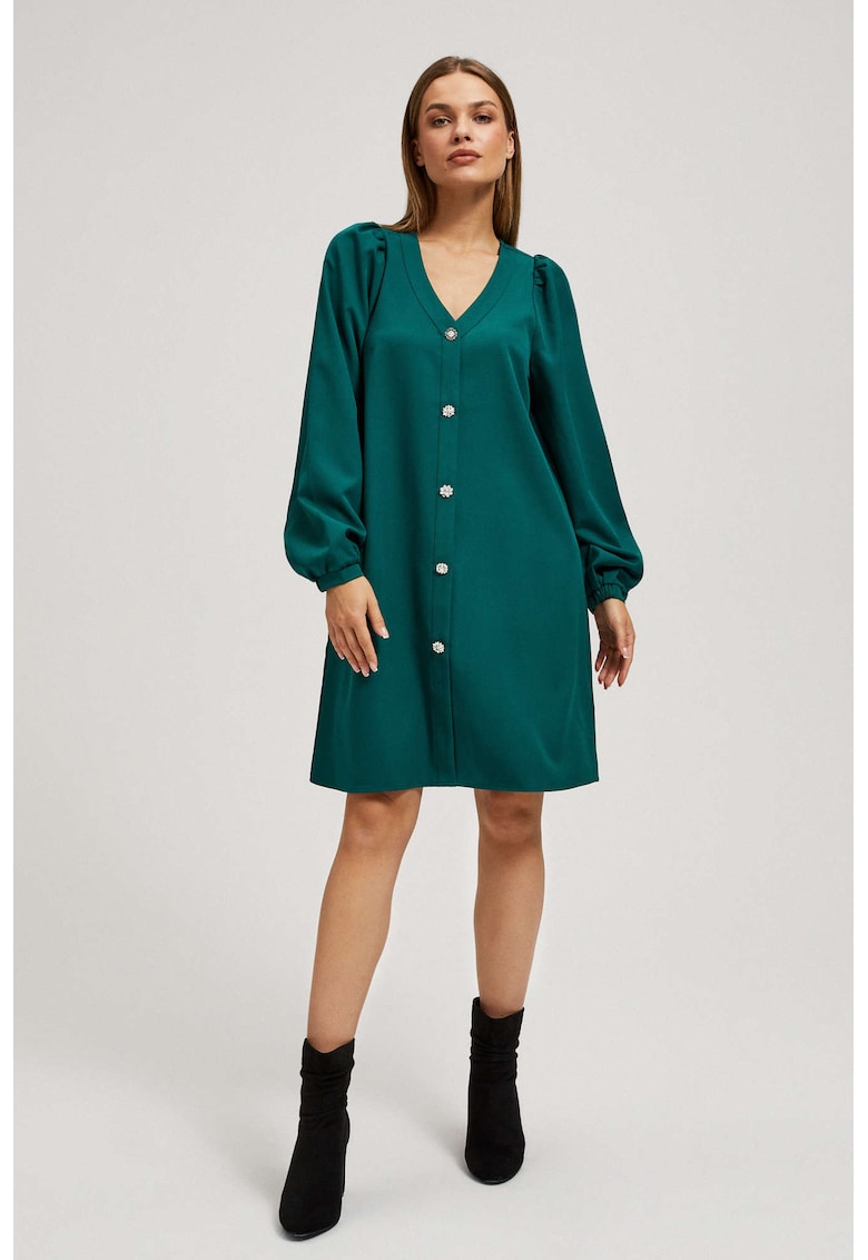 Rochie cu Maneci Tip Puff si Butoane Decorative in Smarald - Verde inchis