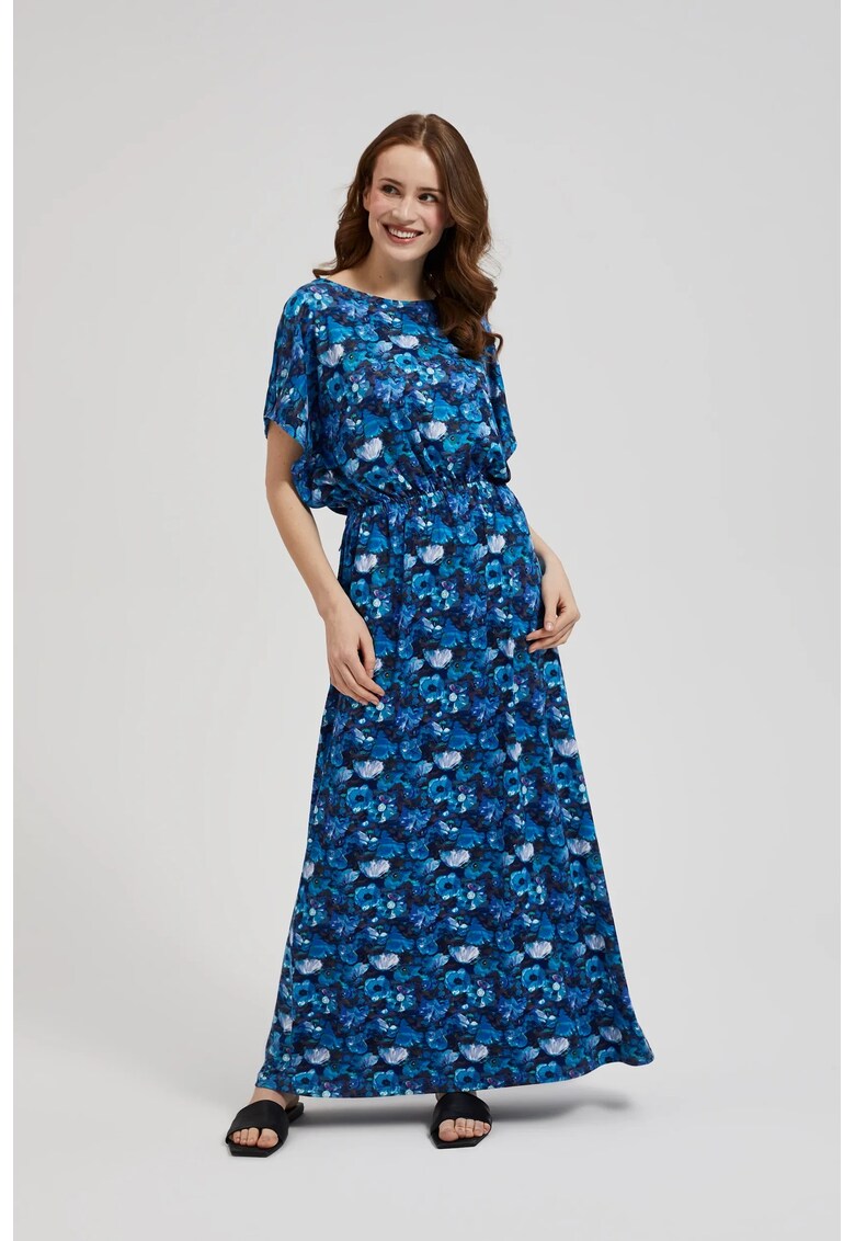 Rochie maxi cu model tropical albastra - Bleumarin