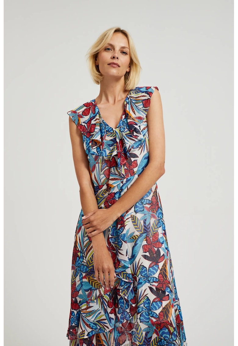 Rochie midi rosie cu flori - Rosu