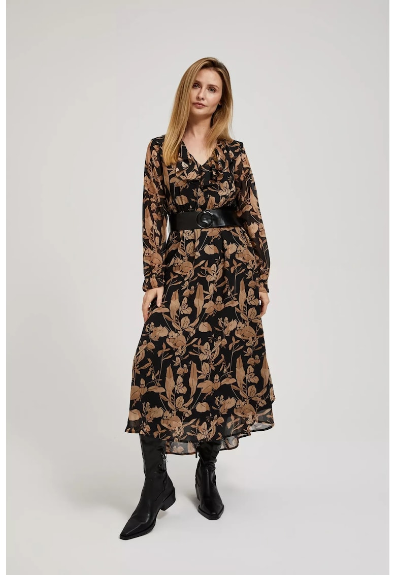 Rochie neagra cu fusta evazata si imprimeu floral - Negru