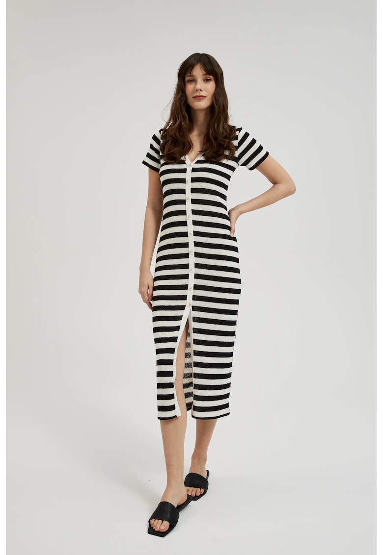Rochie in dungi cu nasturi - negru-bej - Alb