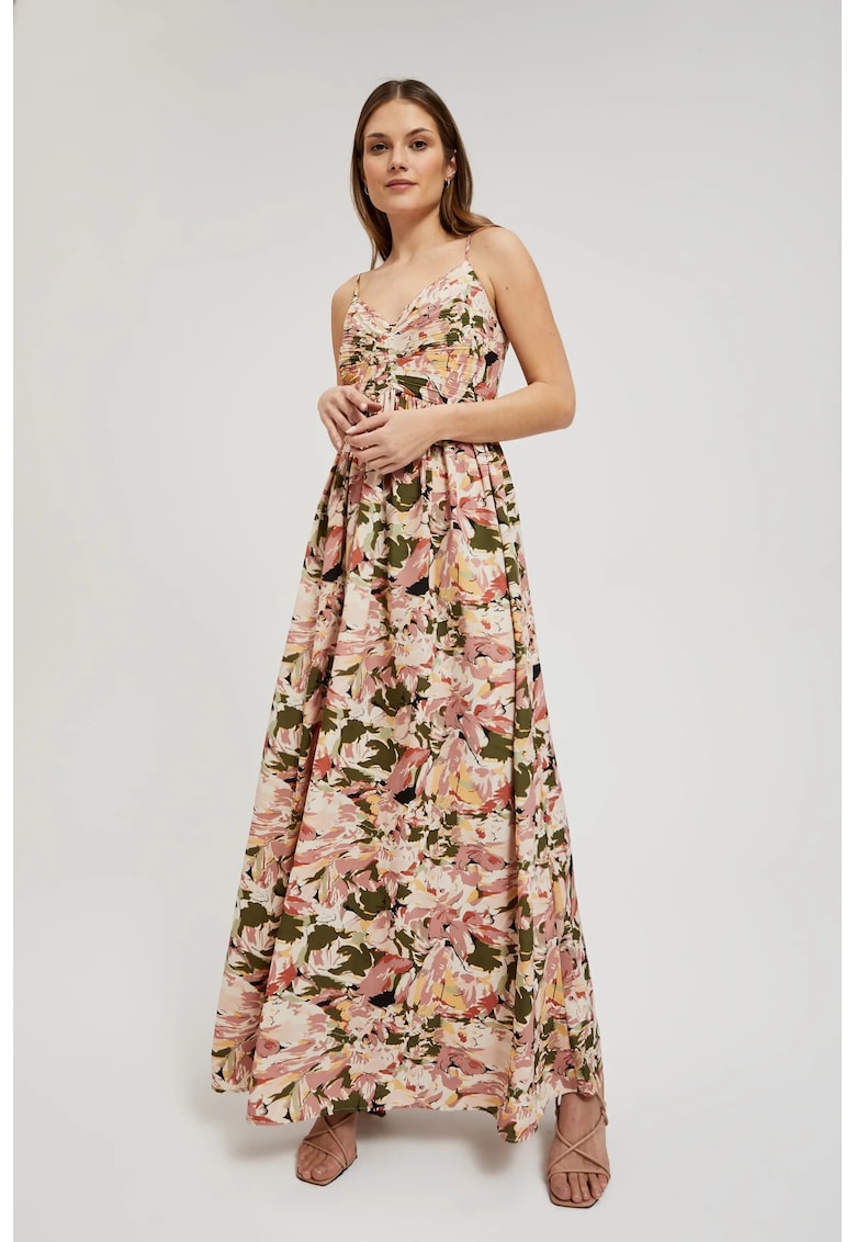 Rochia maxi roz cu model floral pe bretele - Roz