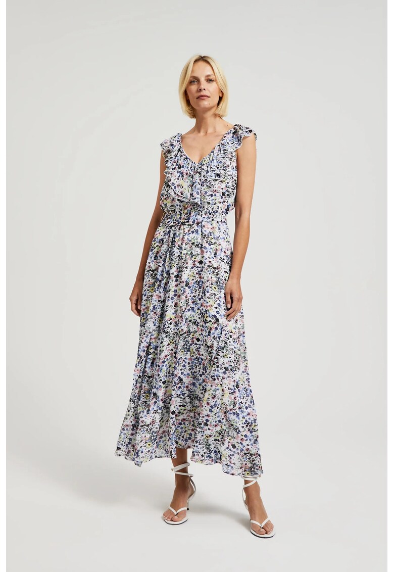 Rochie florala cu volanas la decolteu in albastru deschis - BLUE