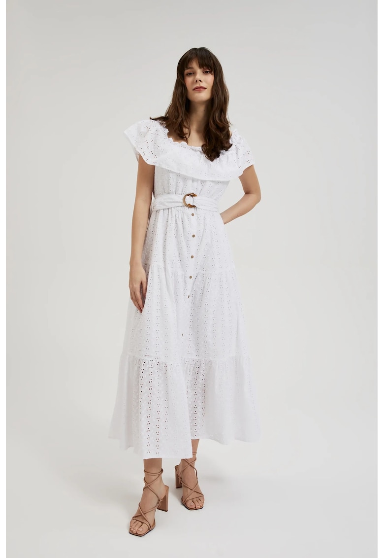 Rochie Midi Alba cu Curea - Alb