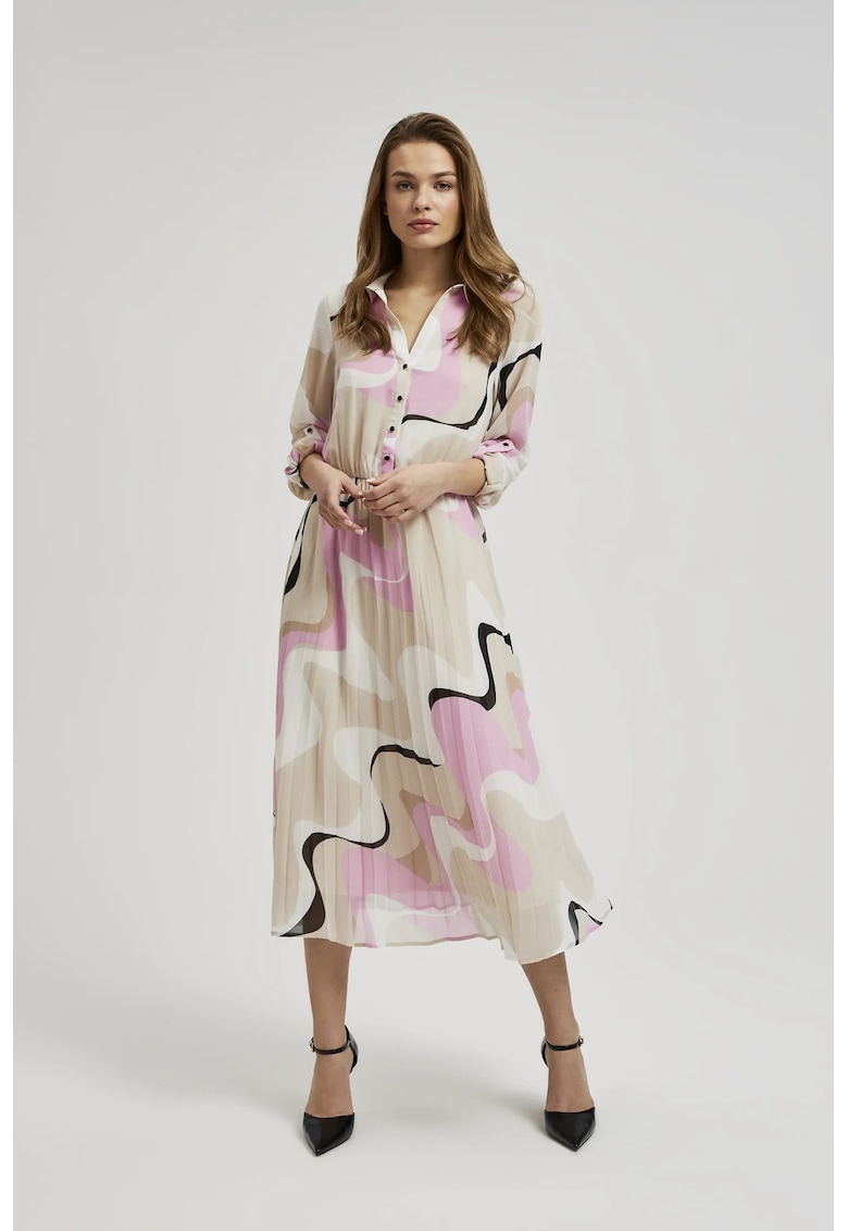 Rochie bej cu model geometric si tiv pliat - Bej
