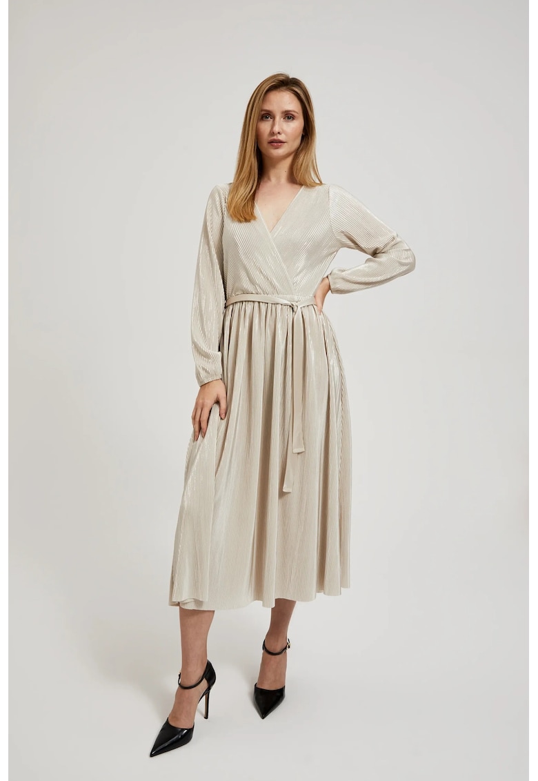 Rochie plisata cu legare in talie bej - Bej