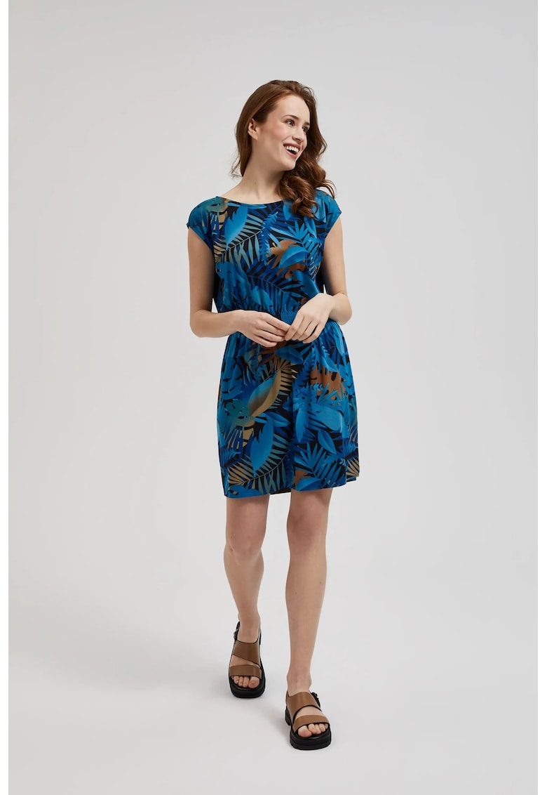 Rochie albastra cu imprimeu tropical si decolteu rotund - Bleumarin