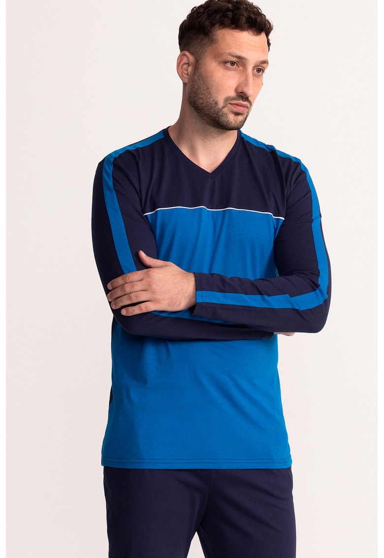 Pijama cu pantaloni lungi din bumbac si decolteu in V