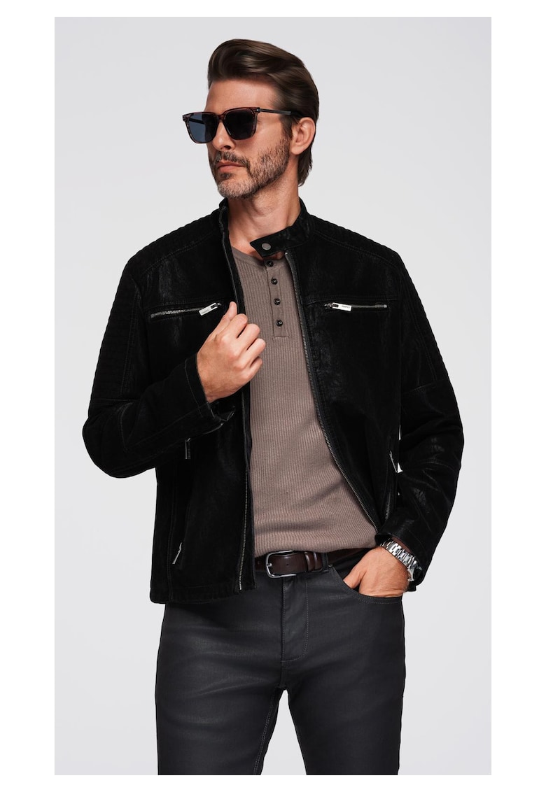 Jacheta de motociclista eleganta C637 - Negru - Negru