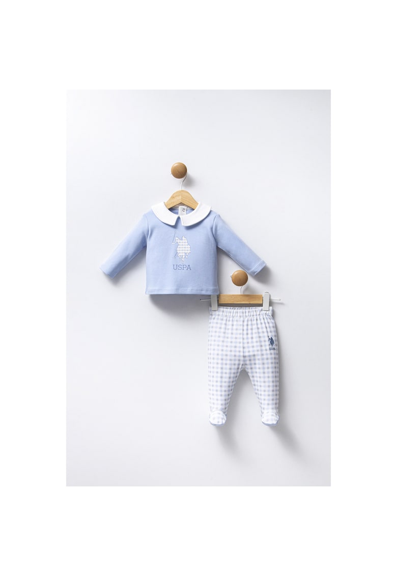 Set de bluza si pantaloni cu botosei si imprimeu gingham