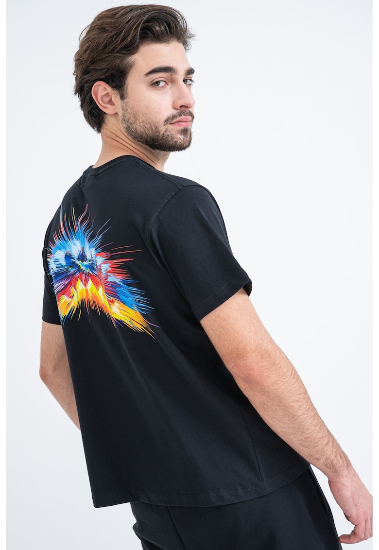 Tricou cu decolteu la baza gatului si imprimeu - Negru/Galben/Albastru