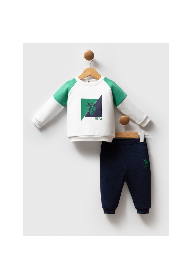 Set de bluzon cu decolteu la baza gatului si pantaloni sport -  Alb