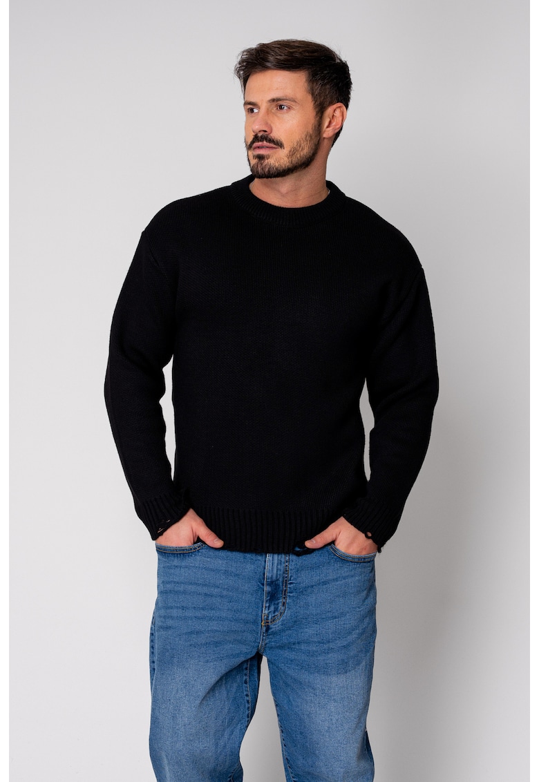 Pulover din mix de lana cu efect de rupturi Black New 19032 - Negru
