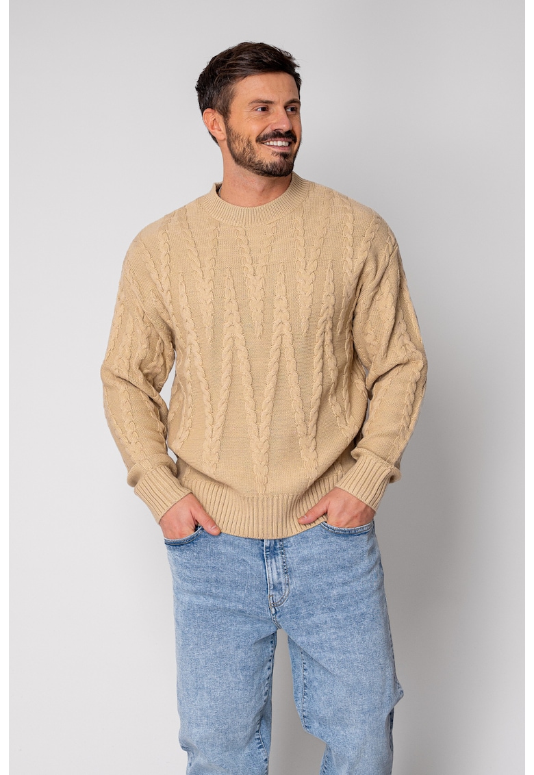 Pulover din mix de lana cu model tricotat Beige 19048 - Bej