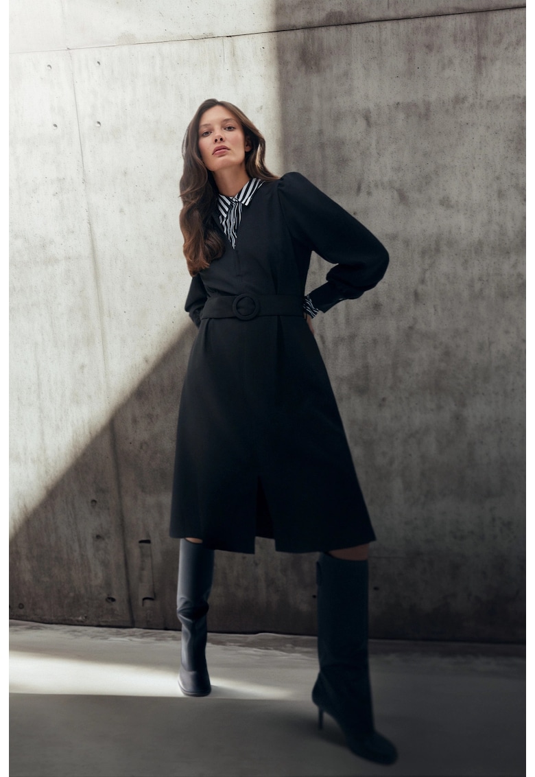 Rochie neagra cu funda evazata si maneci bufante - Negru