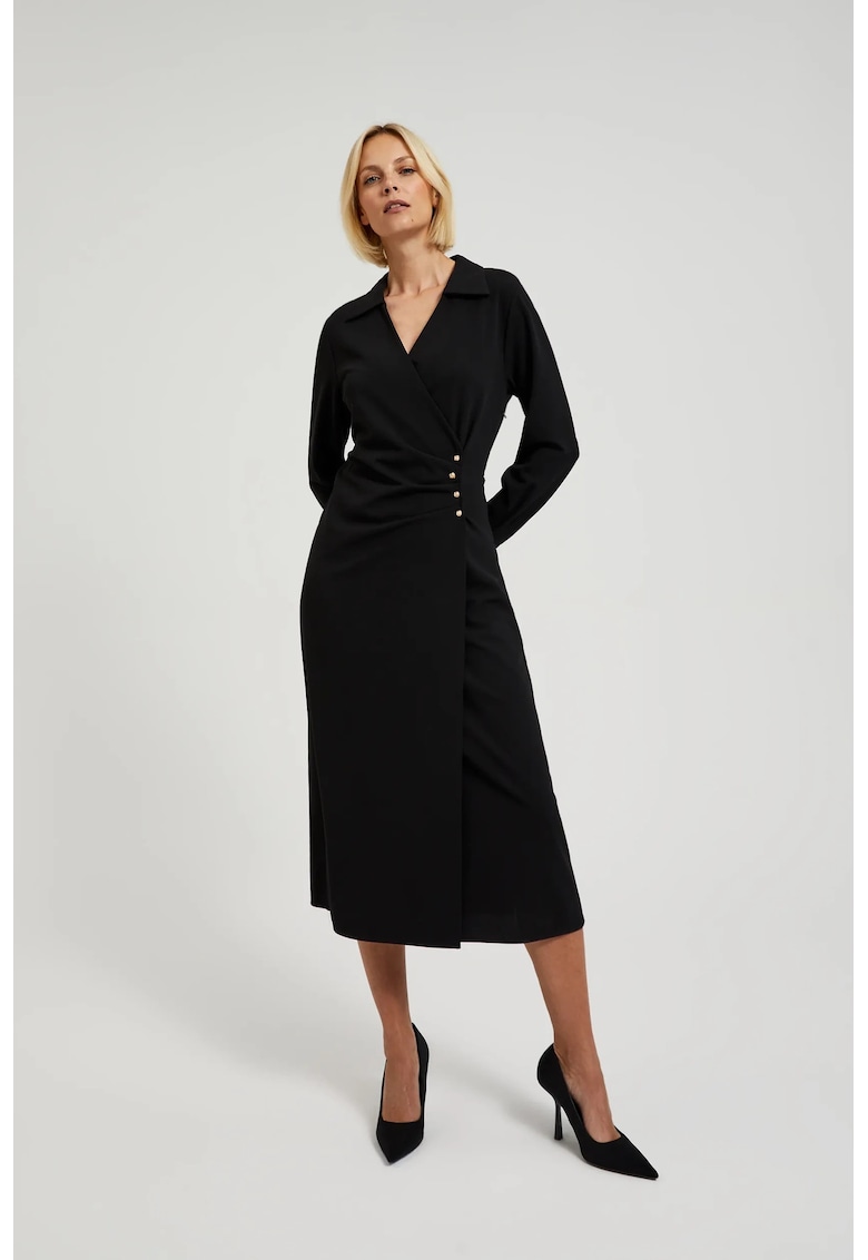 Rochie Midi Neagra cu Butoane Decorative - Negru