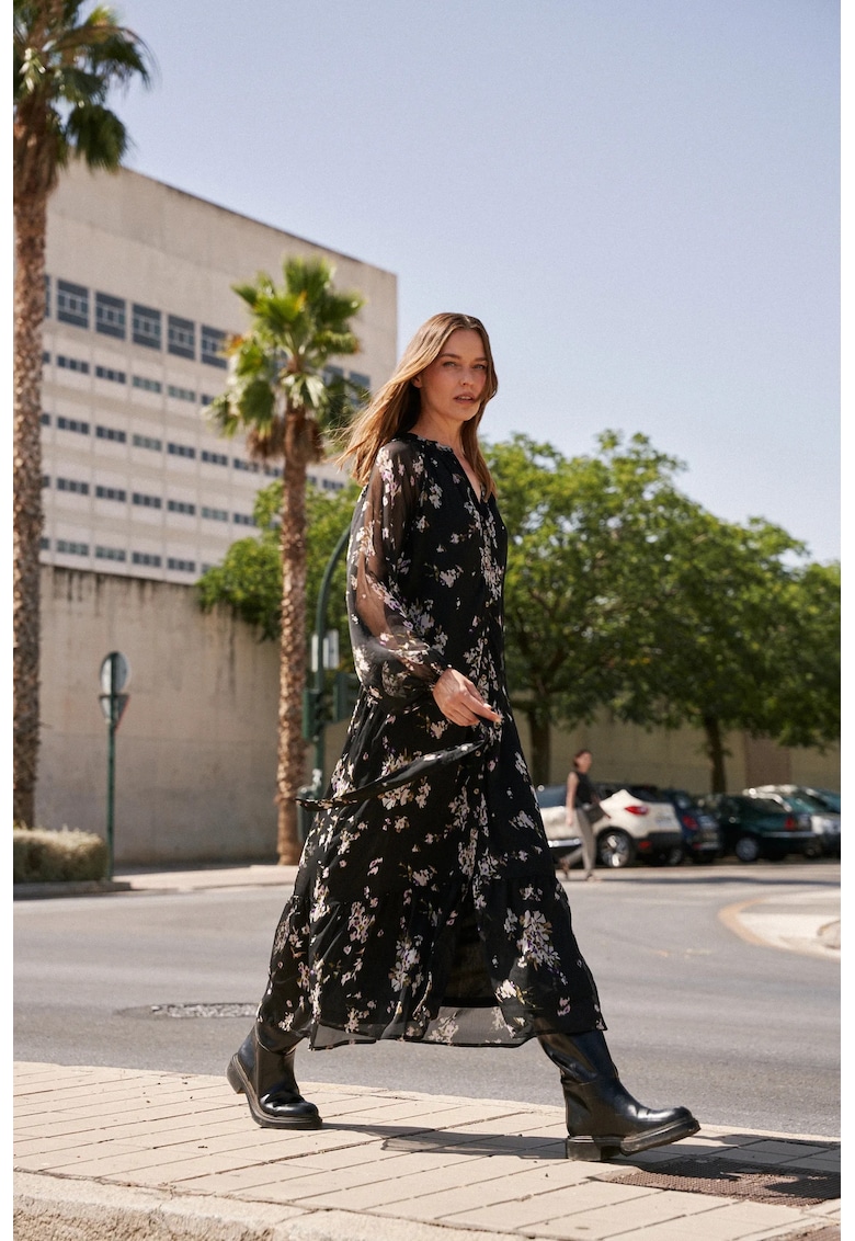 Rochie midi cu model floral neagra - Negru