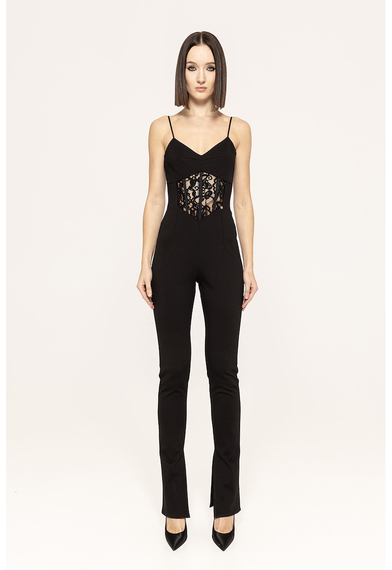 Salopeta lunga slim-fit cu insertie din dantela