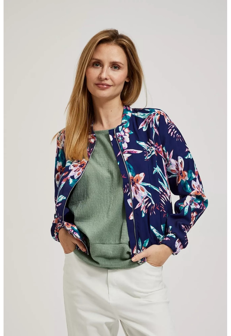Jacheta bomber cu print floral albastru marin - Bleumarin