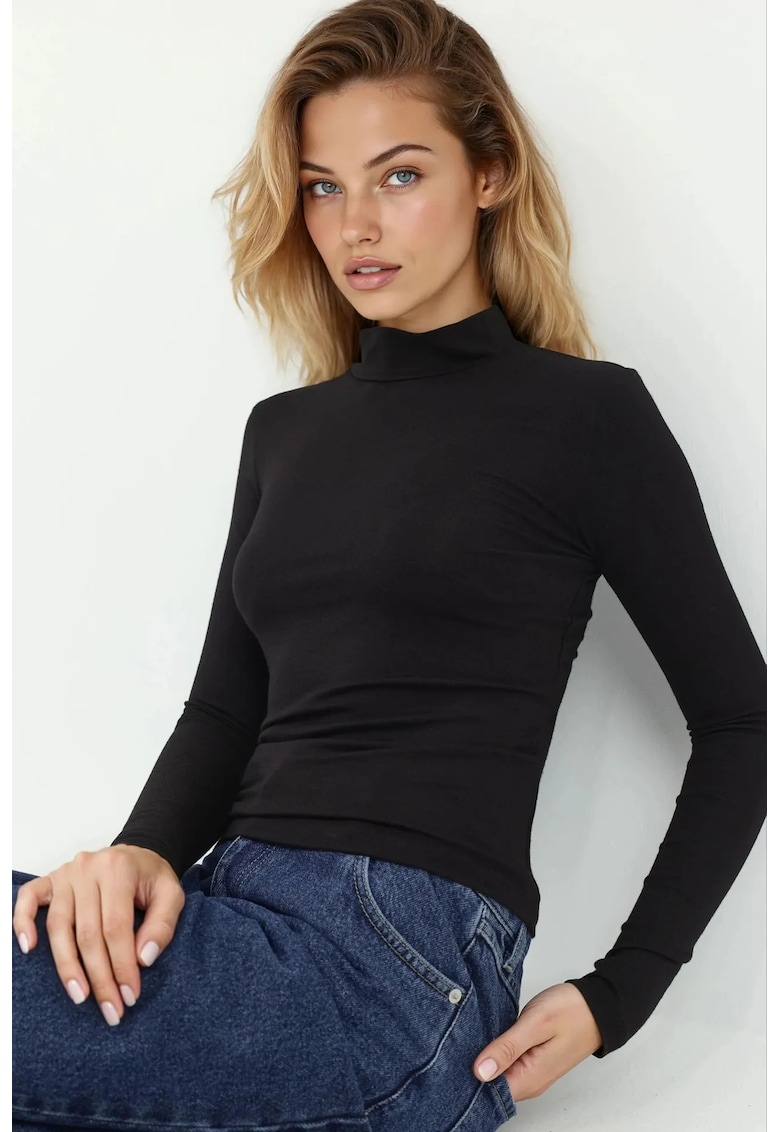 Top - maneca lunga - guler inalt - slim fit - negru - jerseu