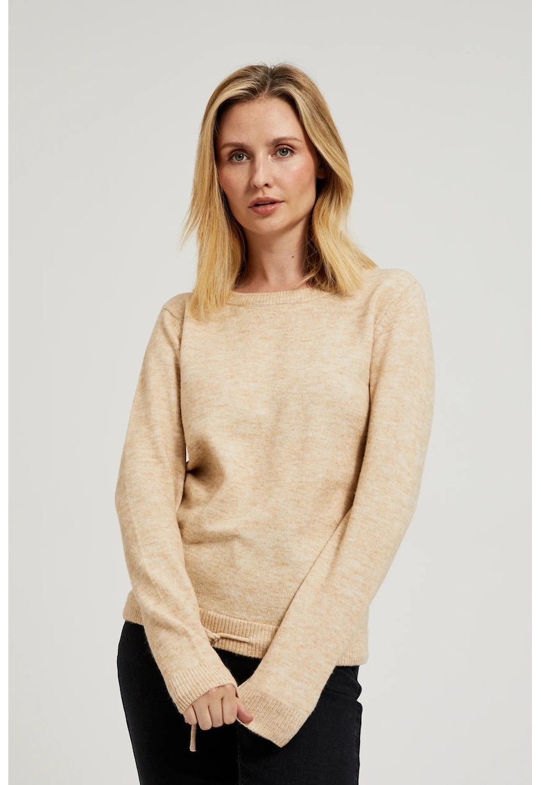 Pulover bej cu decolteu rotund si legare in talie - Gri