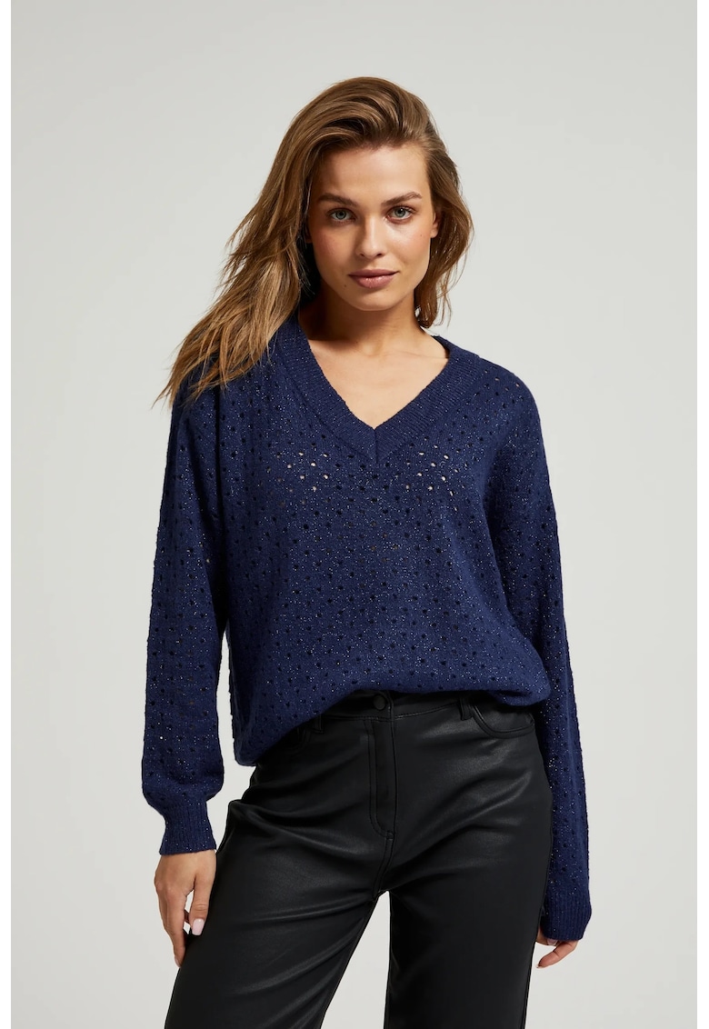 Pulover dantelat cu fir metalic in albastru inchis - Bleumarin
