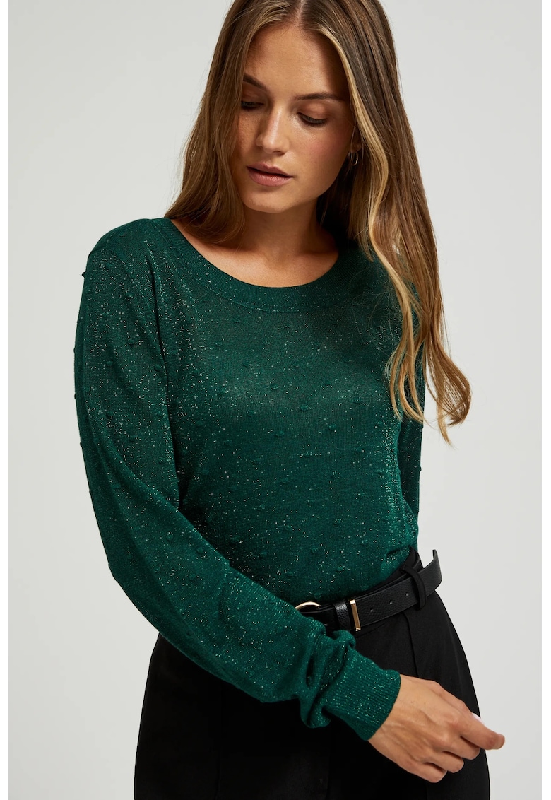 Pulover verde cu maneci lungi - decorat cu fir metalic - Verde inchis