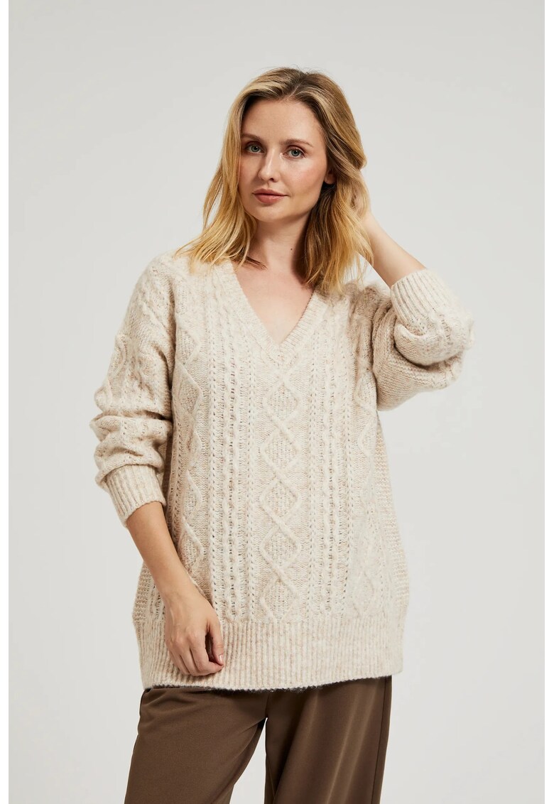 Pulover bej cu decolte in V din tricot - Bej