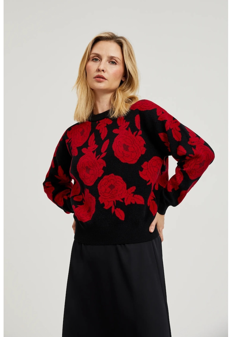 Pulover negru cu imprimeu de trandafir - Negru