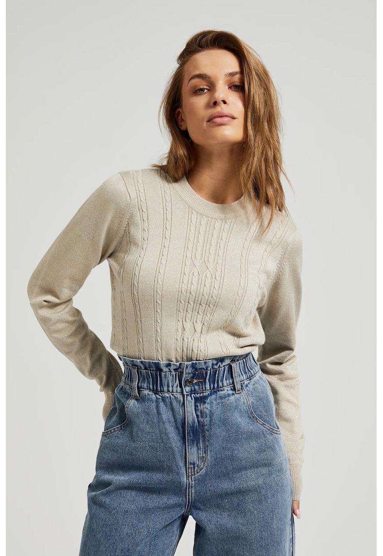 Pulover bej cu maneci lungi si decolteu rotund - Bej