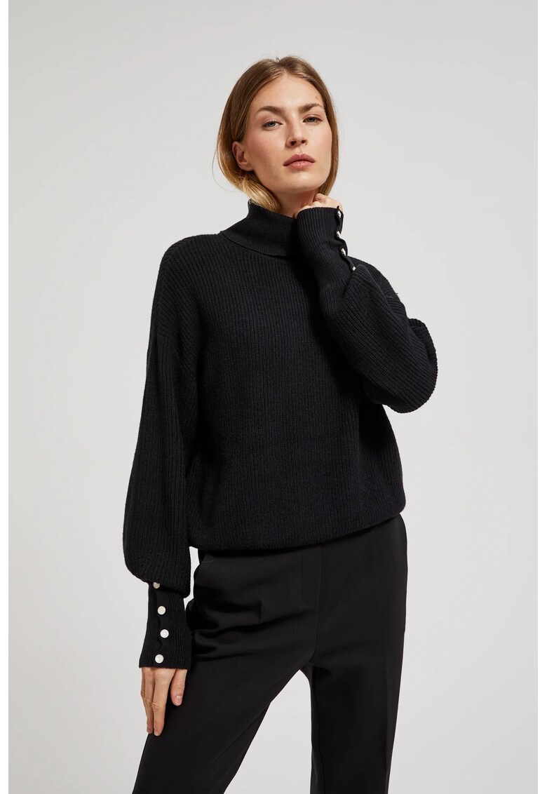 Pulover negru cu gat si maneci bufante - Negru