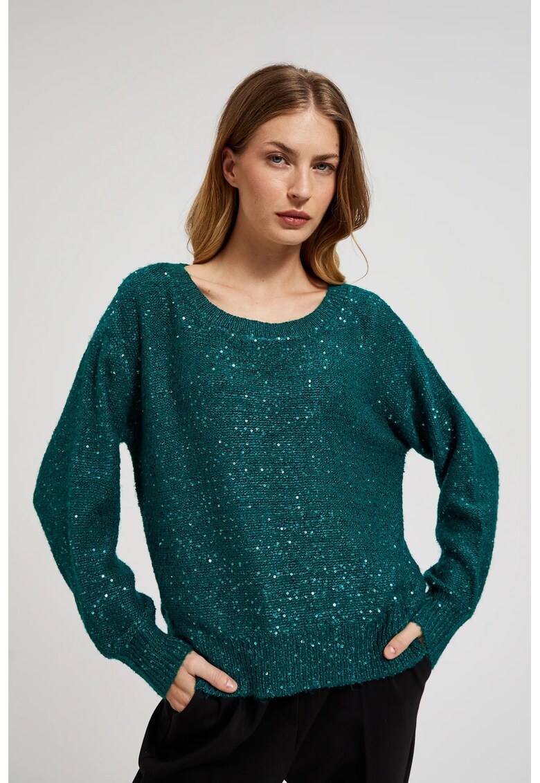 Pulover verde cu strasuri si decolteu rotund - Verde inchis