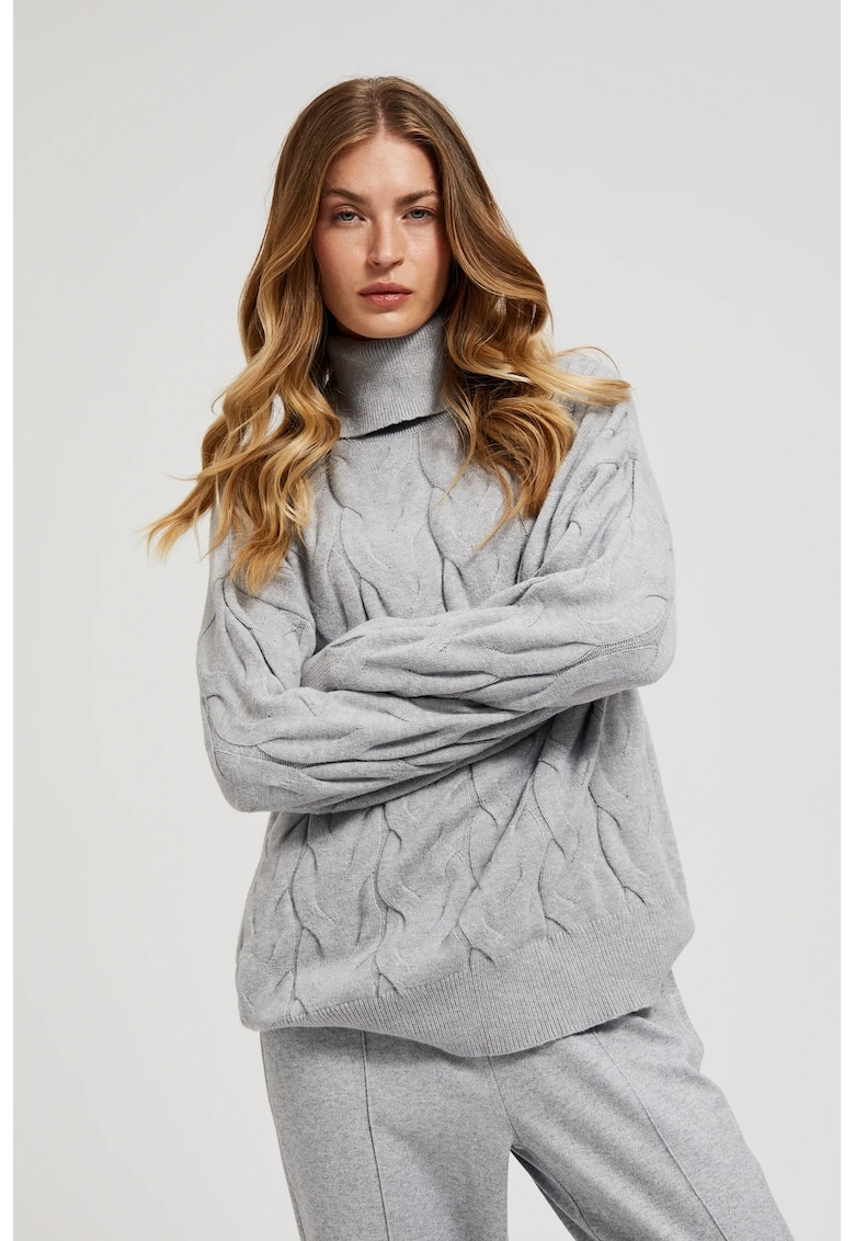 Pulover gri cu guler inalt si tesatura decorativa - Gri