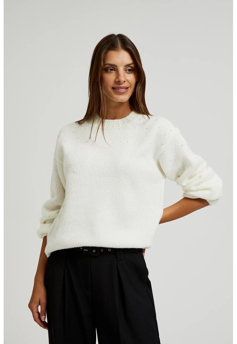 Pulover alb cu maneci bufante si lana - Alb