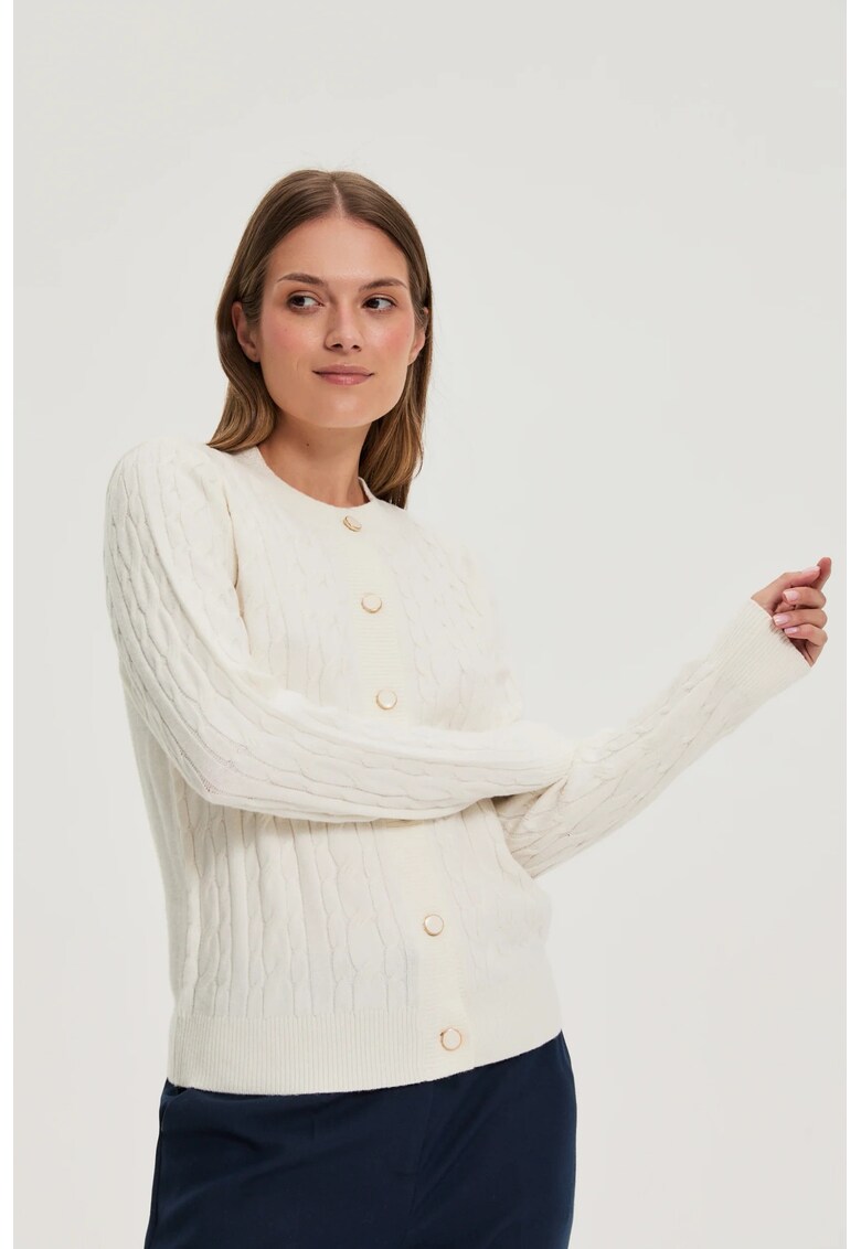 Pulover ecru cu tricot decorativ - Alb
