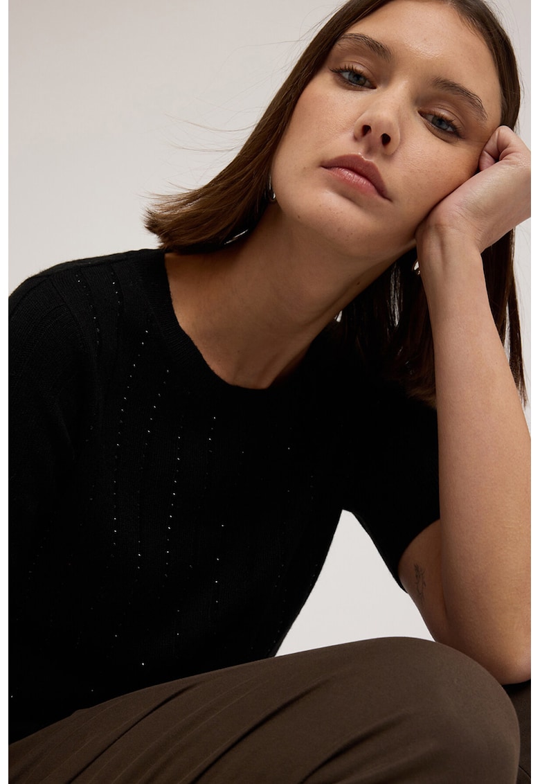 Pulover din amestec de lana cu maneci scurte si strasuri